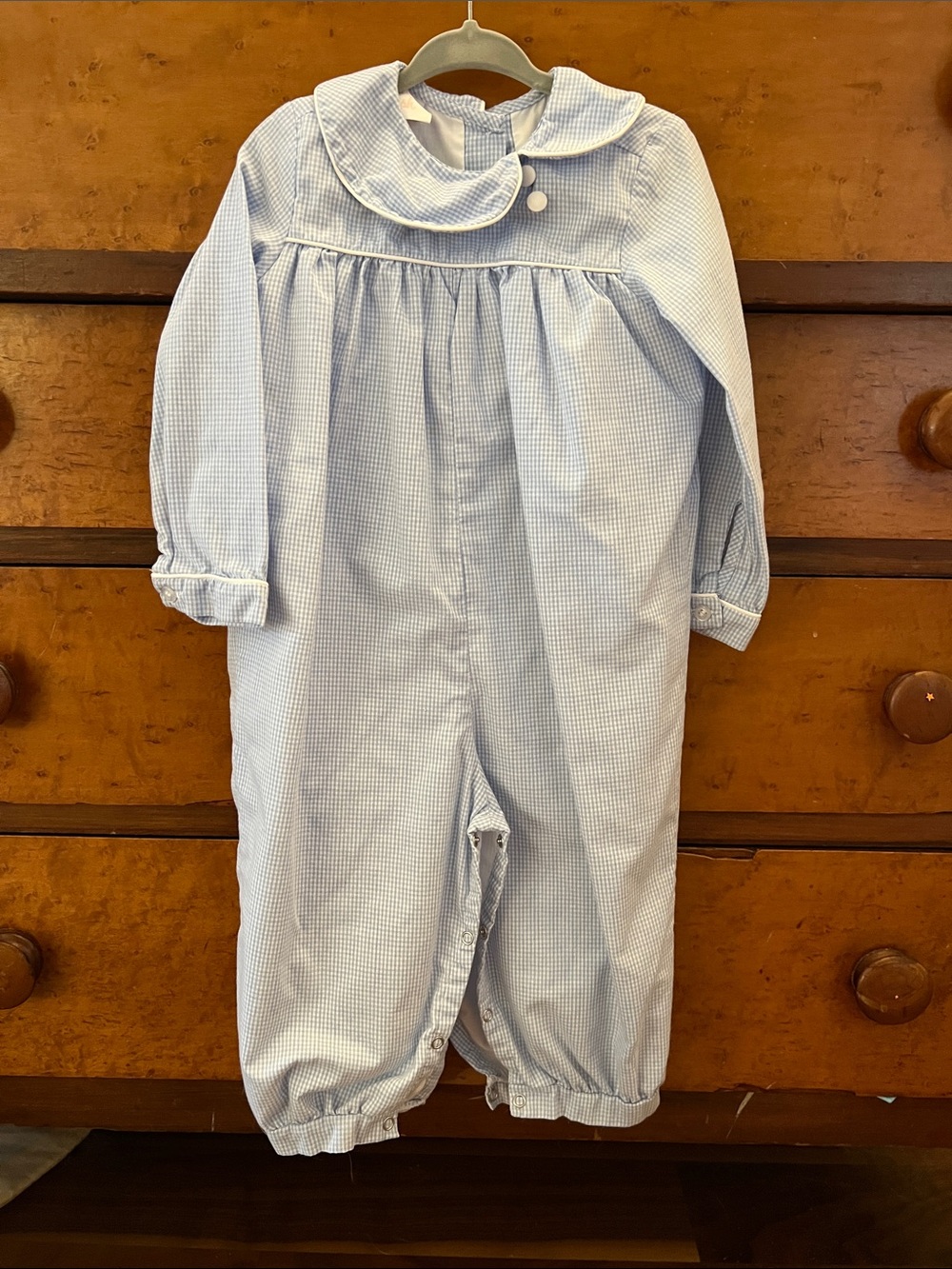 Stitchy Fish Light Blue Check Romper with Peter Pan Collar